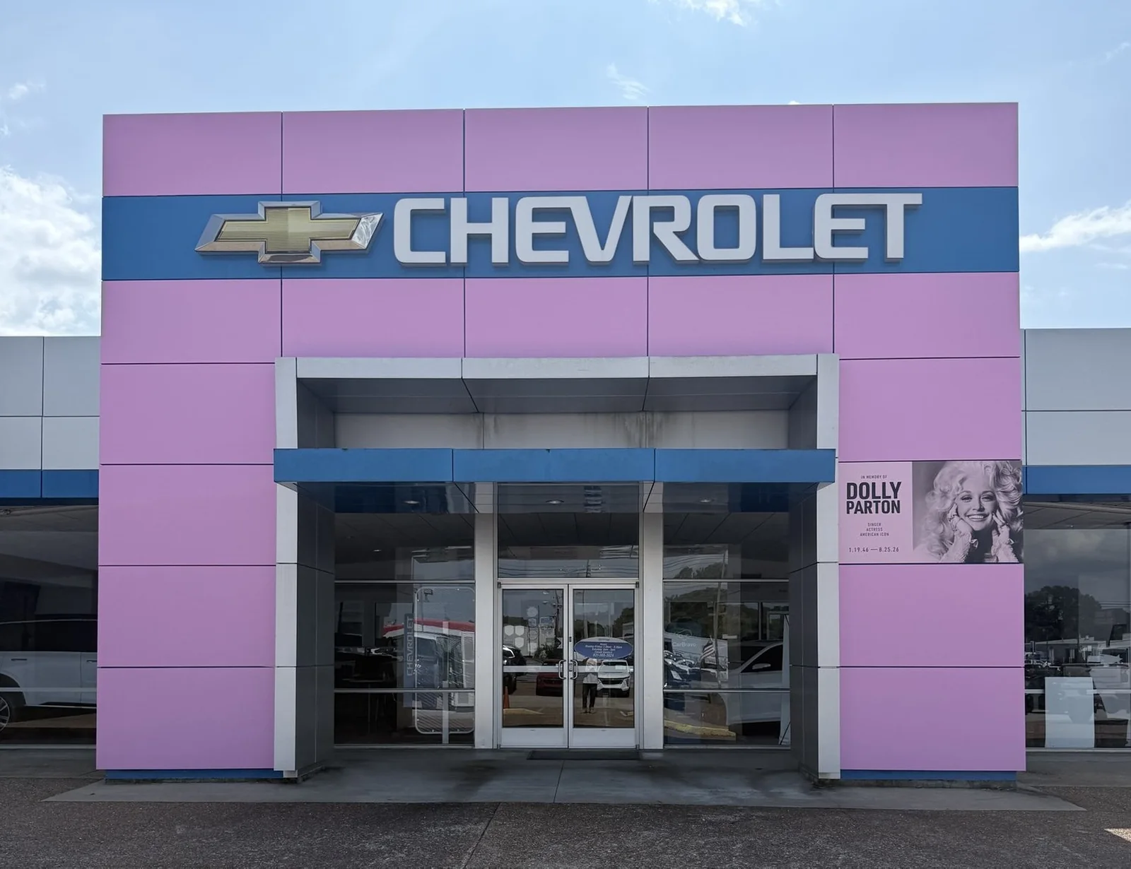 Chevrolet dealership pink facade wrap by Graphix Garage Columbia TN