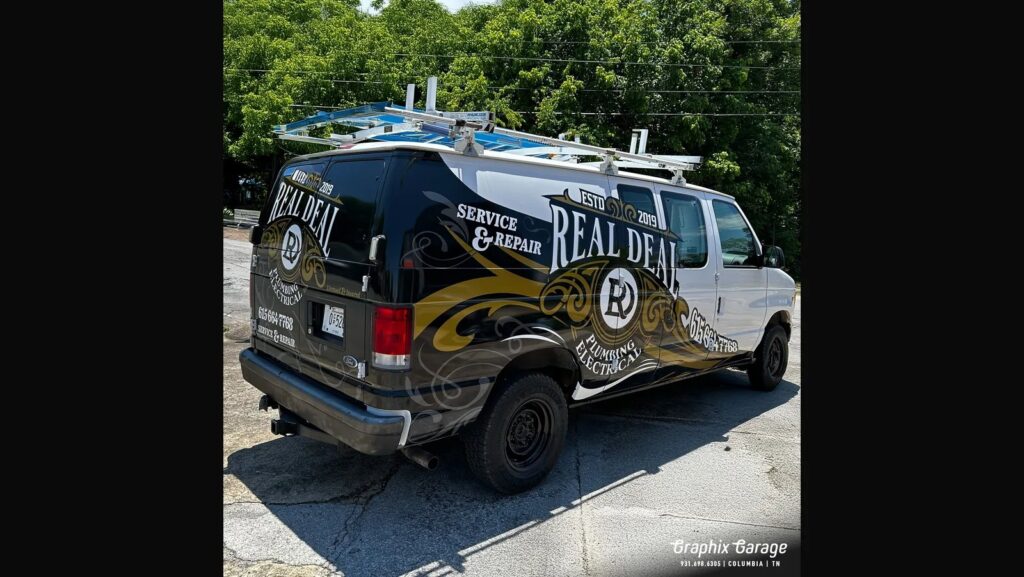 Real Deal Plumbing fleet van wrap Columbia TN Graphix Garage